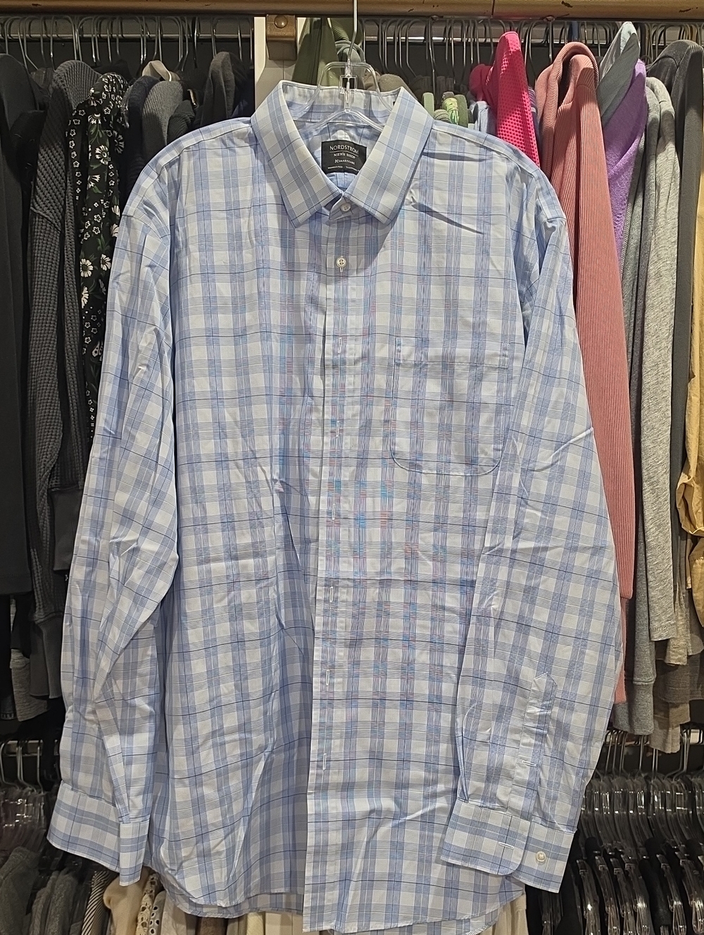 Nordstrom Light Blue and White Plaid Long-Sleeve Button-Down Shirt